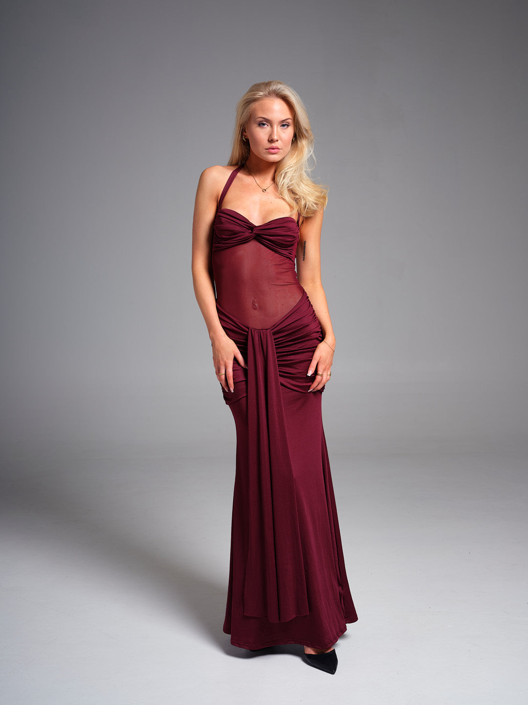 Amandine Burgundy Halterneck Gathered