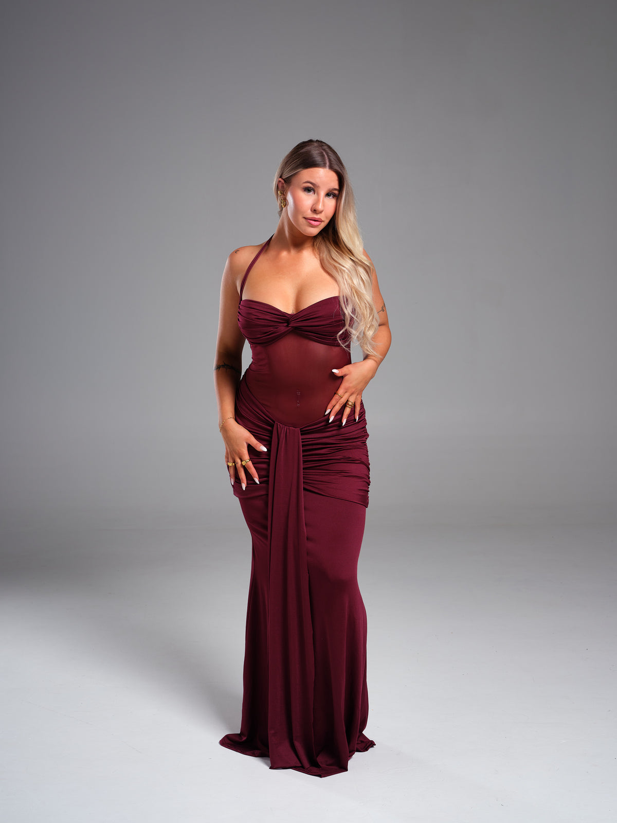 Amandine Burgundy Halterneck Gathered